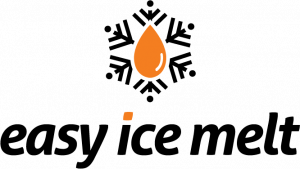 Logo for Easy Ice Melt featuring a snowflake with an orange drop in the center and the company name.
