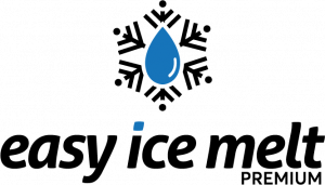Logo for Easy Ice Melt featuring a snowflake around a blue water droplet and the text