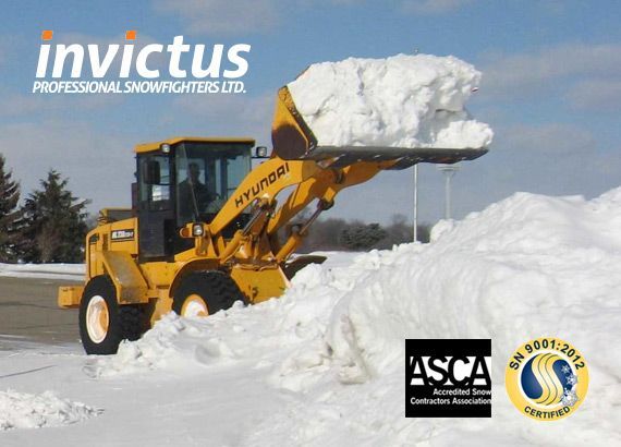 Yellow loader plowing snow; logo for Invictus Professional Snowfighters Ltd.