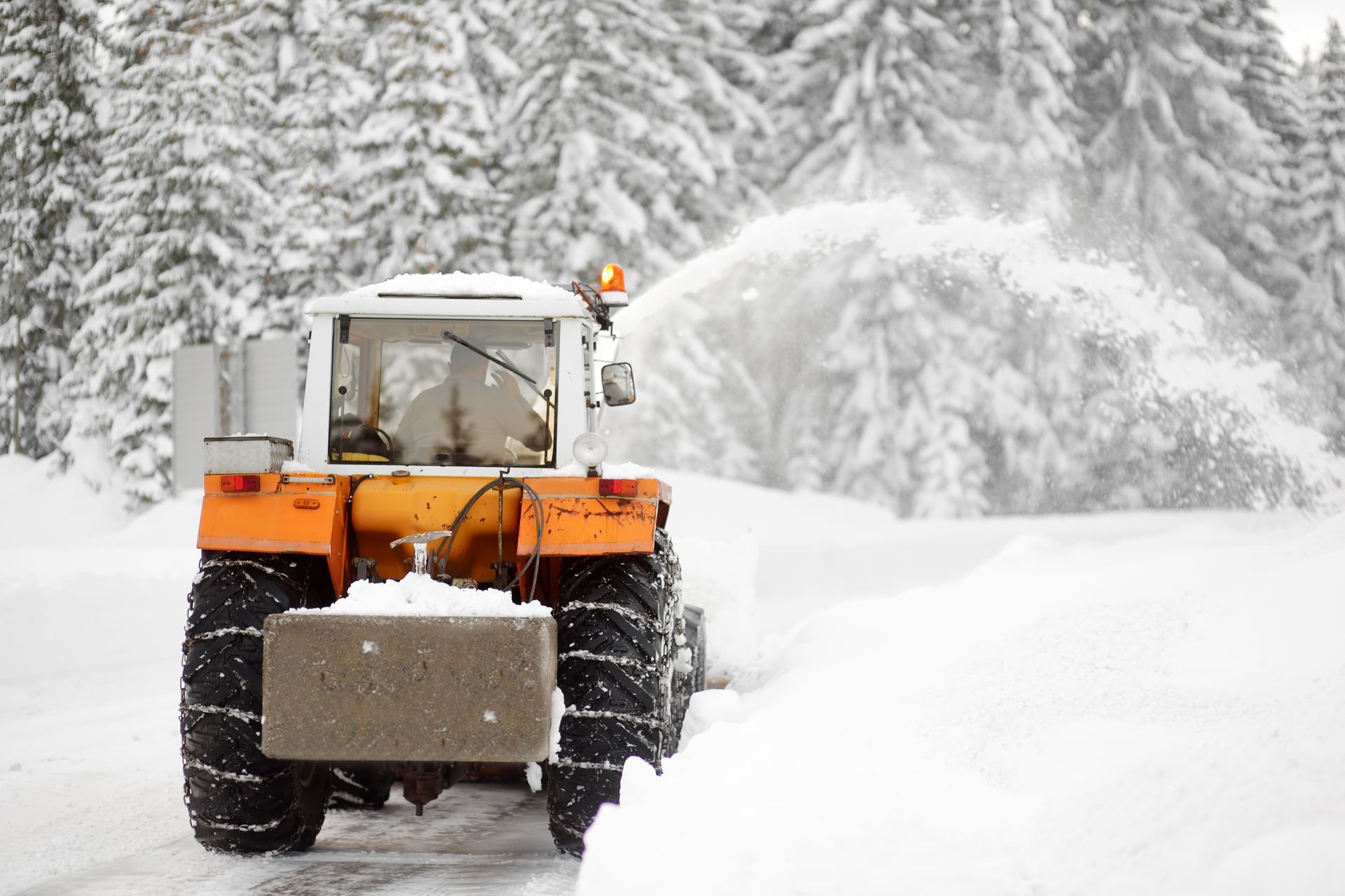 Person in black coat using a yellow snowblower in a snowy area.