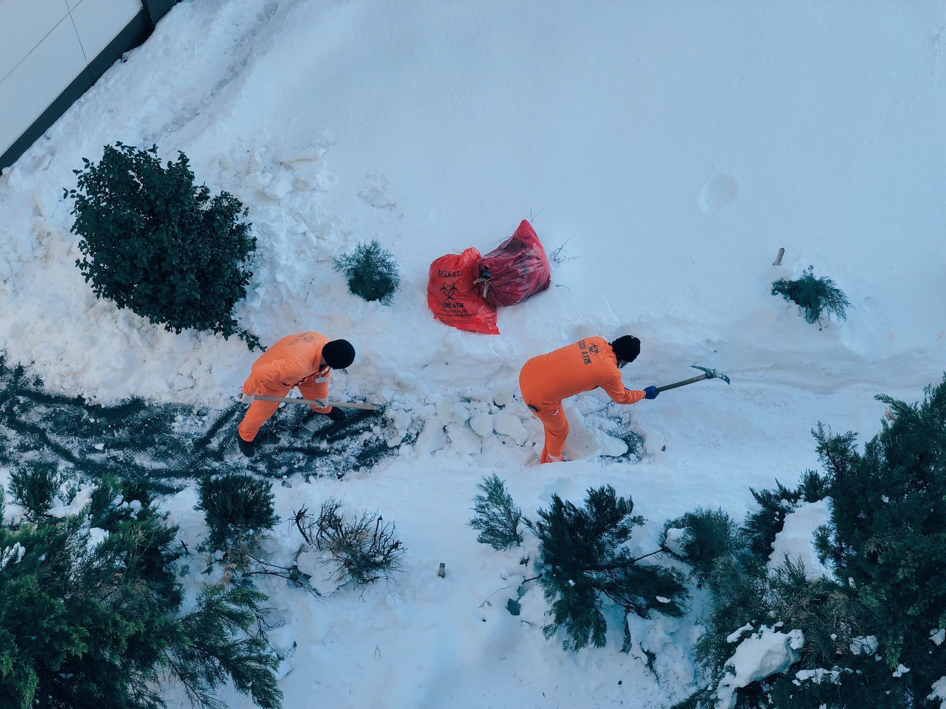 Two climbers in orange jackets ascend a snowy slope with ropes and gear, surrounded by dark trees.