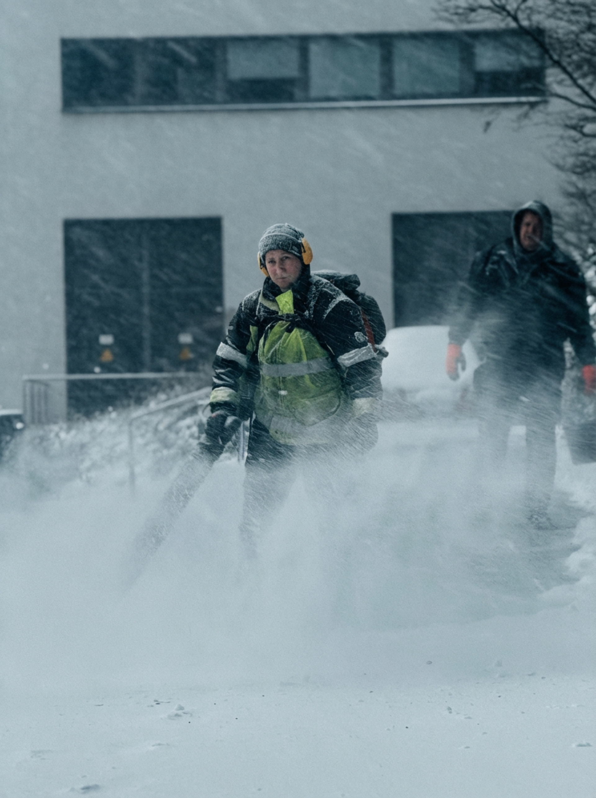 Person snowboarding through deep powder in front of a building, with another person behind.