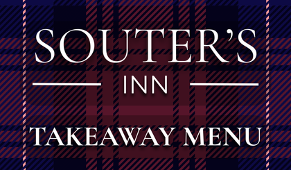 an image of Souter’s Inn takeaway menu sign on a dark purple plaid background with white text
