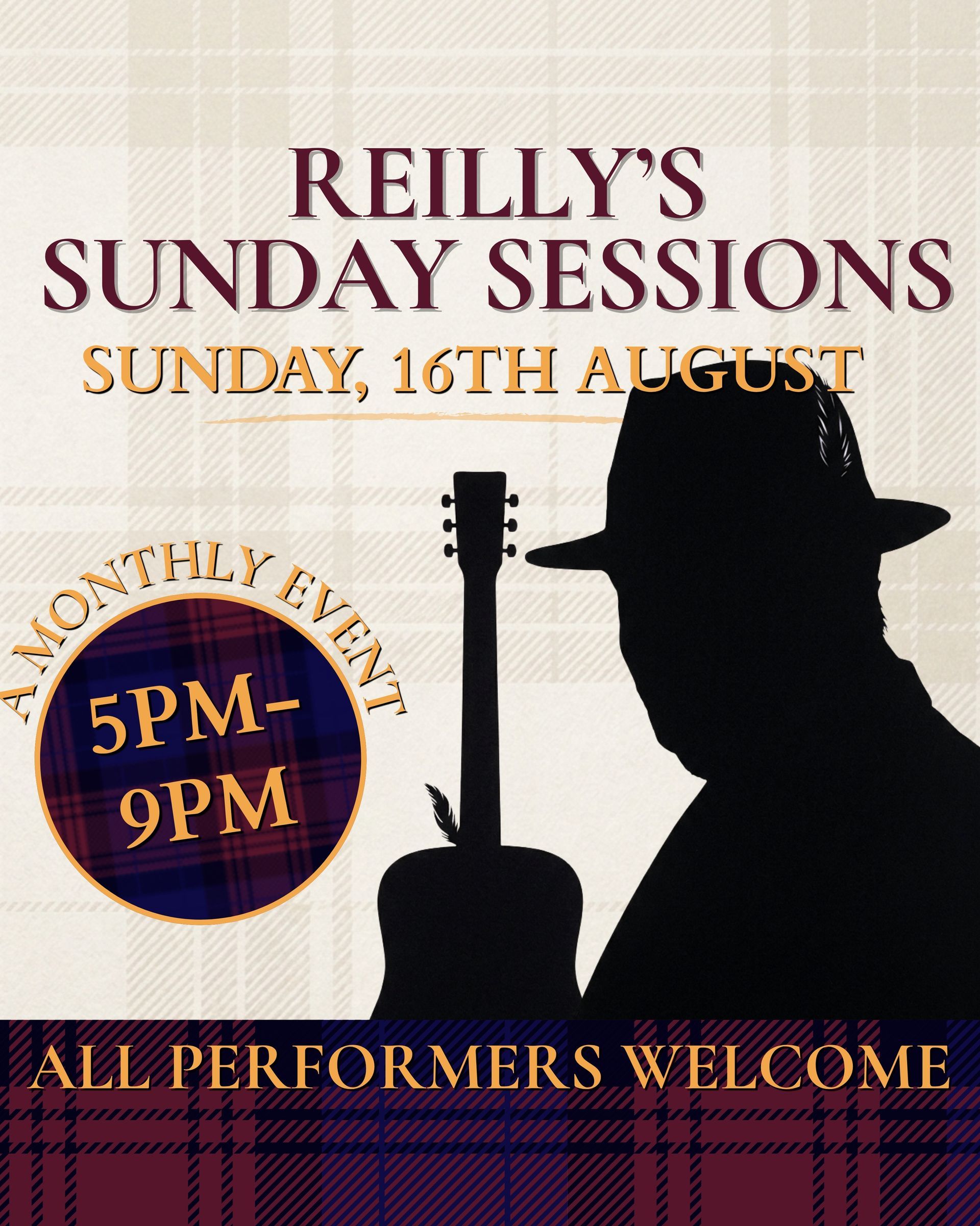 Reilly’s Sunday Sessions poster with silhouetted guitarist, Sunday 16th August, monthly event 5pm–9pm, all performers welcome