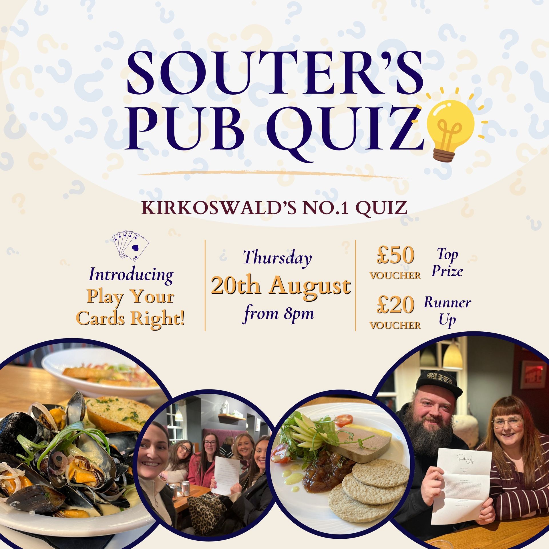 Souter’s Pub Quiz poster with date, prizes, and food photos; “Kirkoswald’s No.1 Quiz” in purple and gold