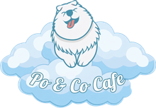 Logo of a fluffy white dog on blue clouds with the text &ldquo;Po & Co Caf&eacute;&rdquo;