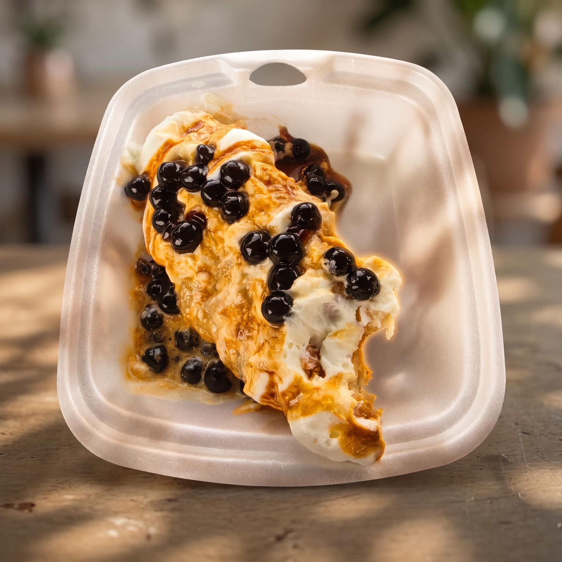 Takeout container with a sweet crepe topped with whipped cream and black tapioca pearls