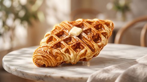 Golden waffle with butter on a marble plate, set on a softly lit table