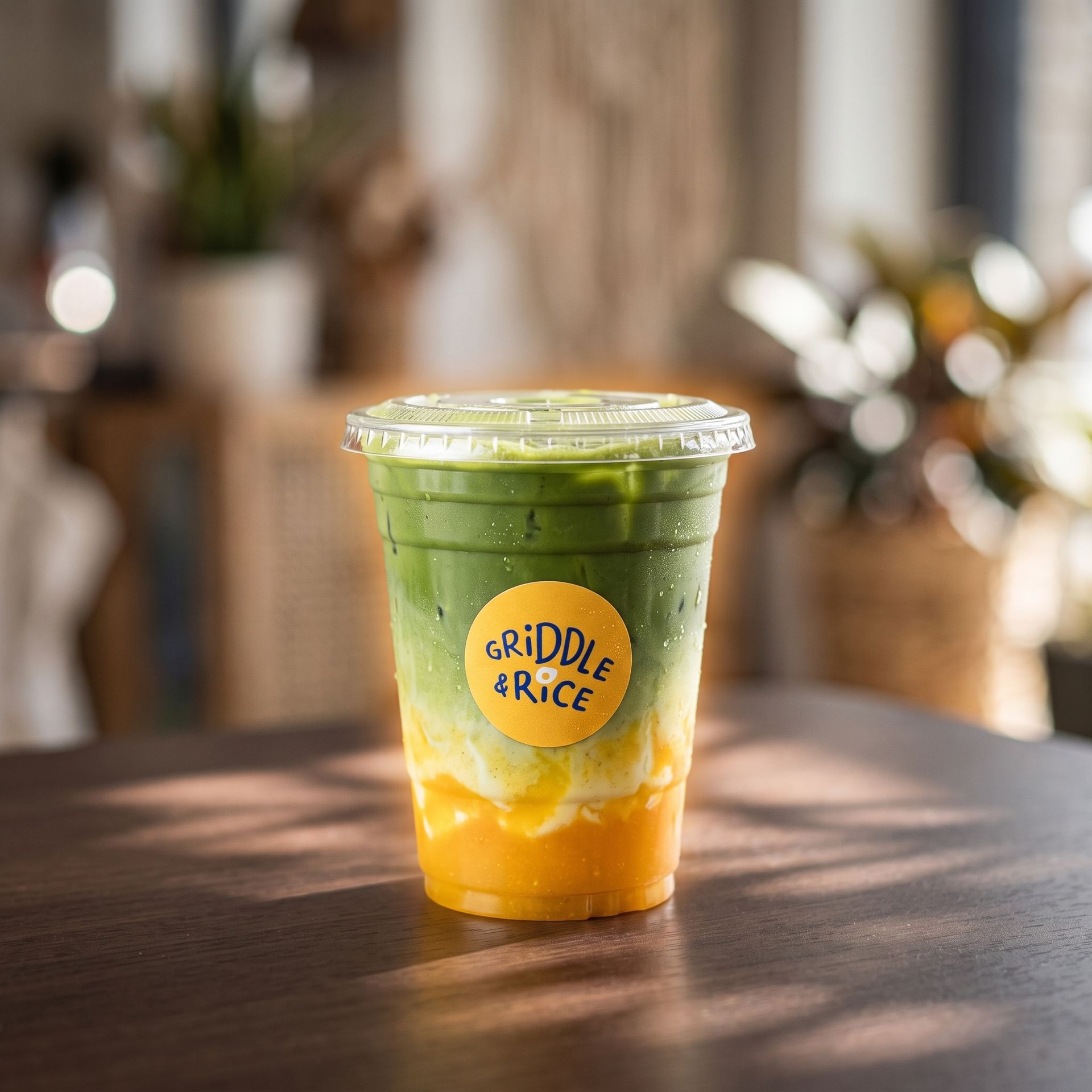 Iced green-and-orange drink in a clear cup with “GRIDDLE & GREECE” logo on a sunlit table