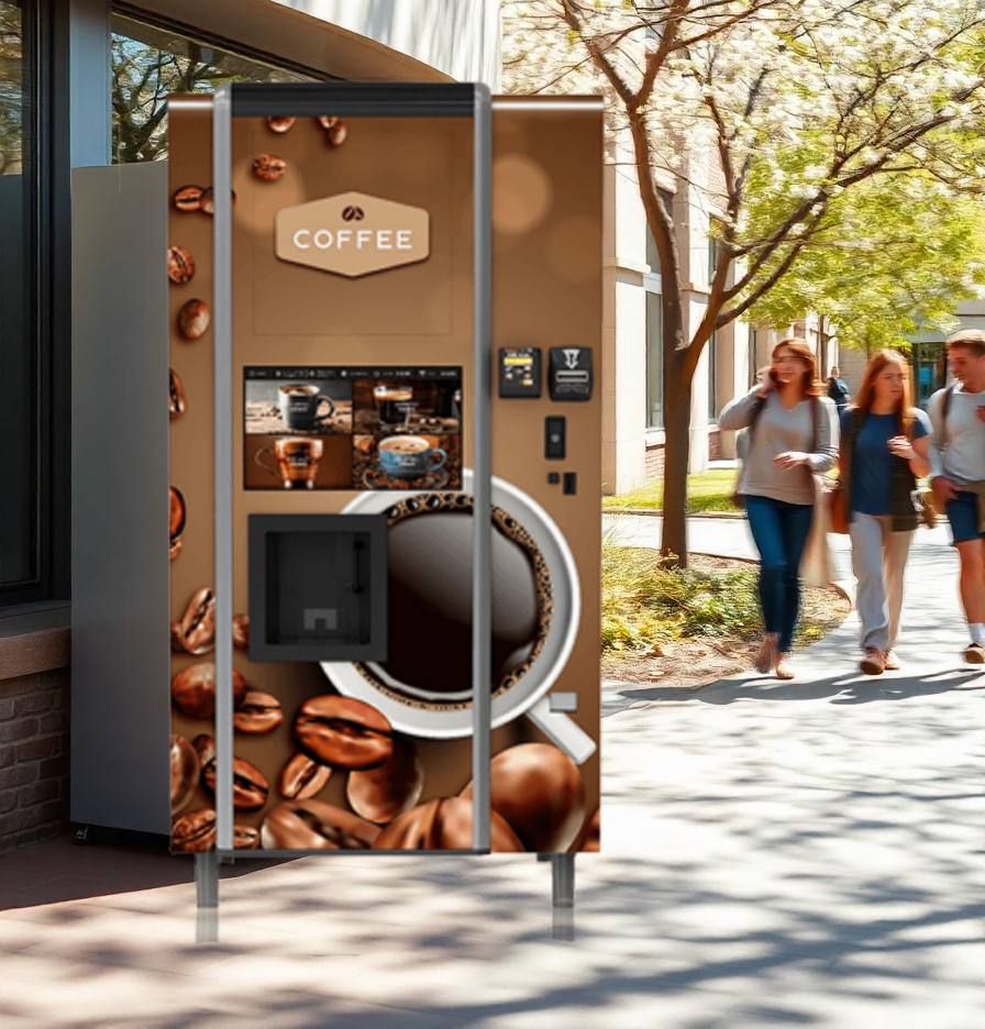 People walking past a coffee vending machine on a sidewalk