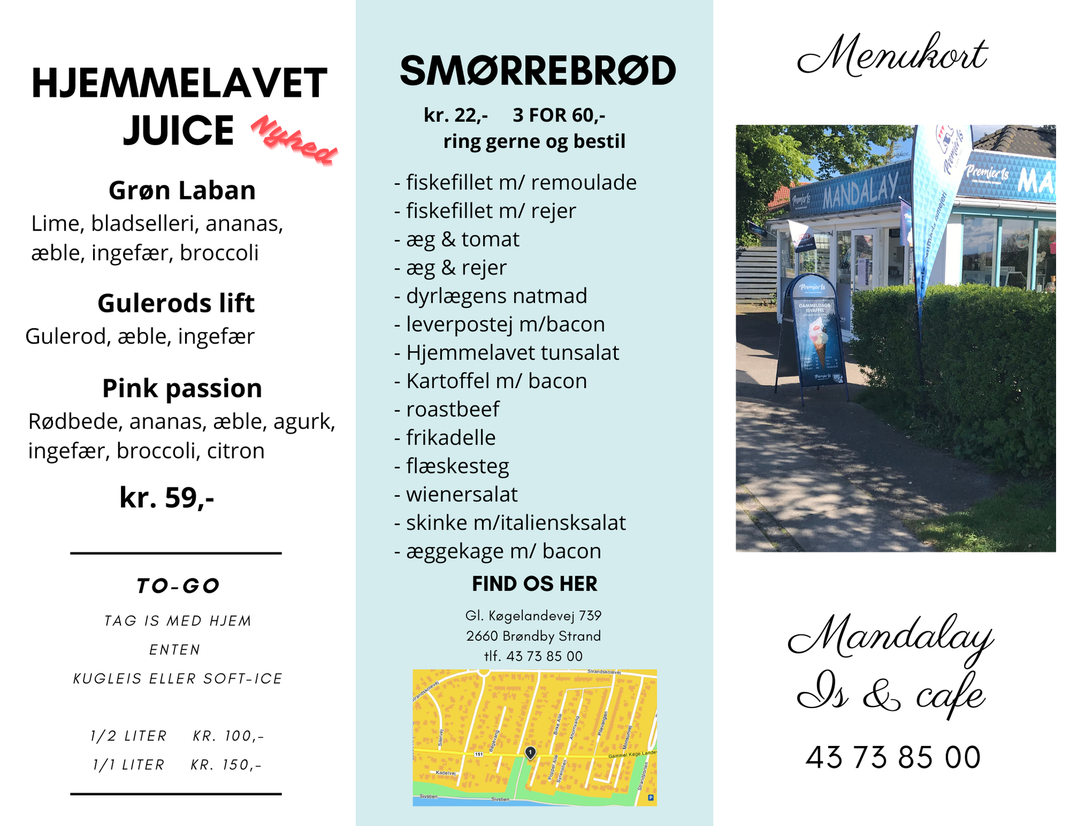 Menuplakat med kaffe, sandwich og juice, plus et caféfoto og åbningstider til højre