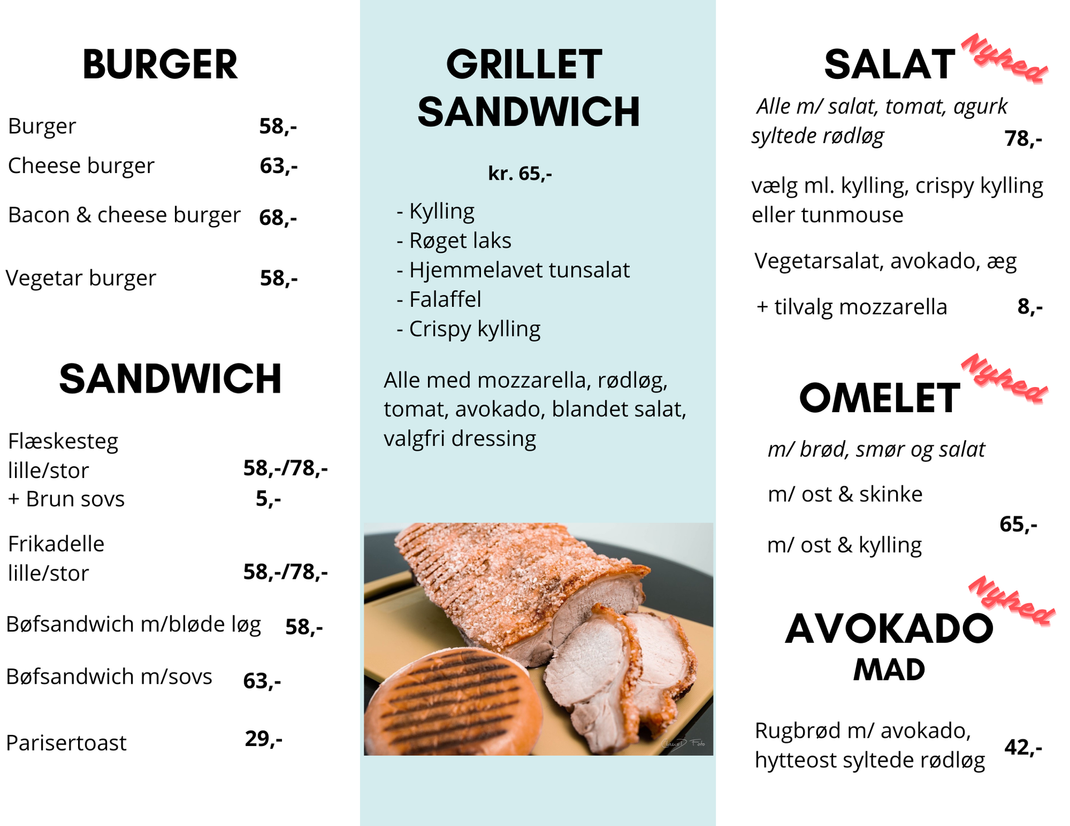 Menukort med burger, grillet sandwich, salat, omelet og avocadotoast-sektioner med madfoto