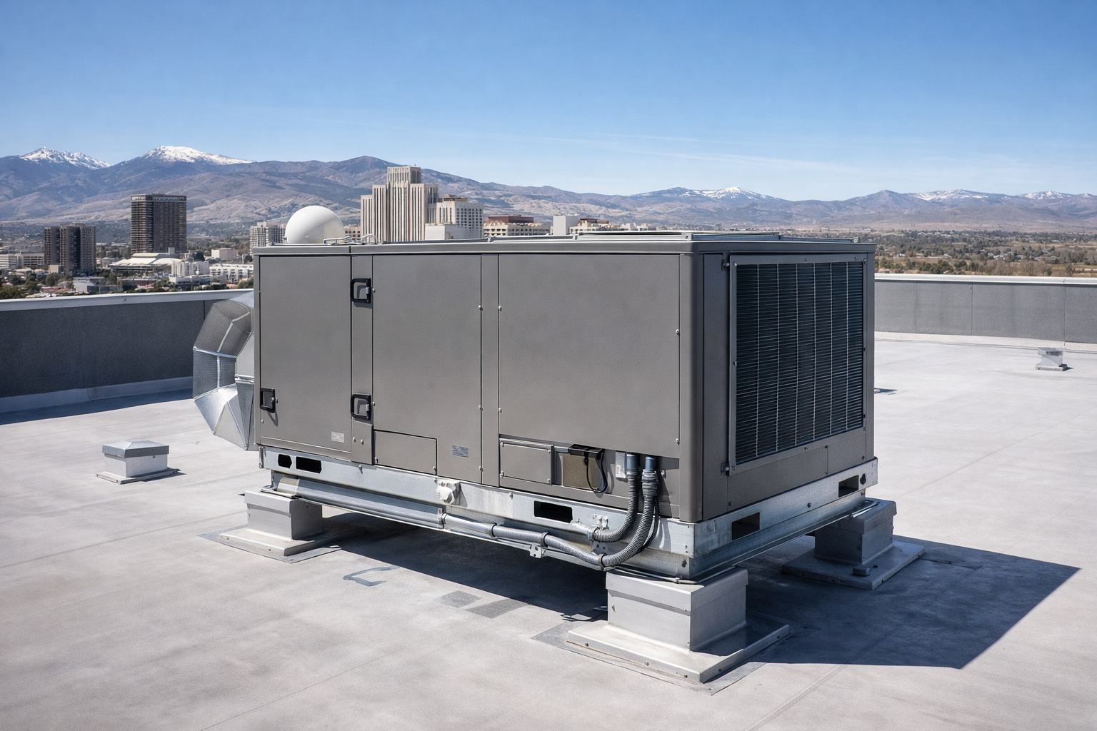 A gray HVAC rooftop unit sits on a flat building roof with a city and mountain range in the background under a blue sky.