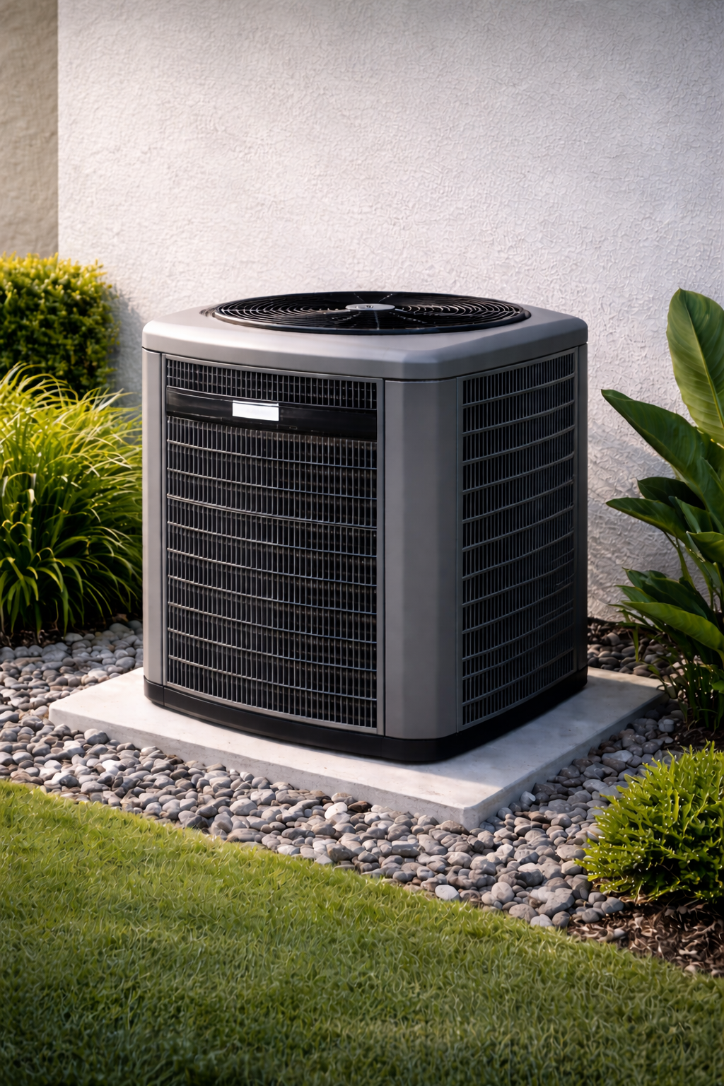A gray central air conditioning unit sits on a concrete pad outside against a wall, surrounded by gravel and green bushes.