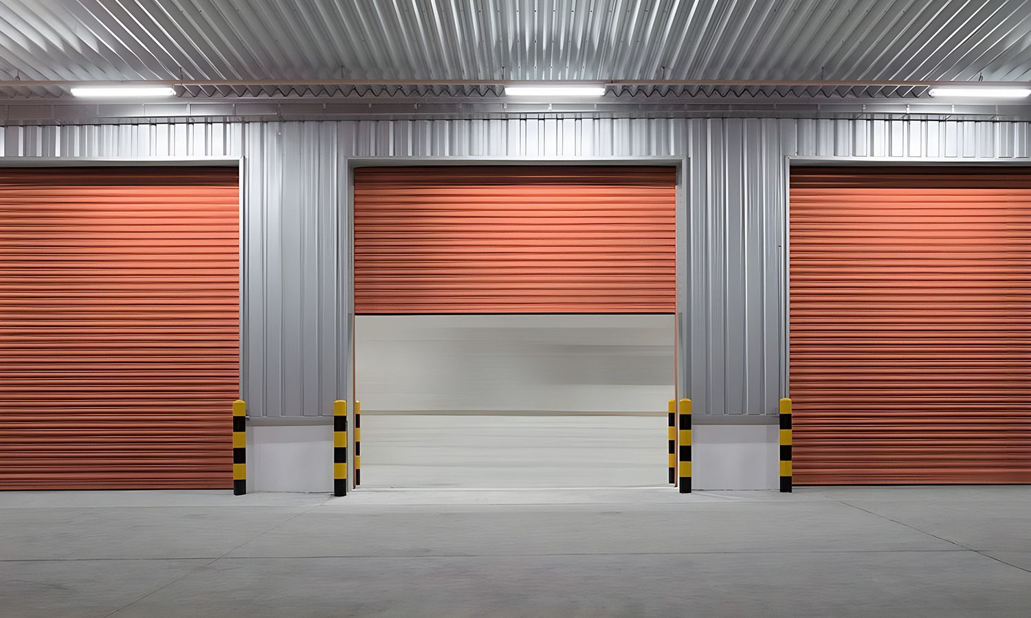 Three Metal Roller Doors In A Warehouse, With The Center Door Partially Open