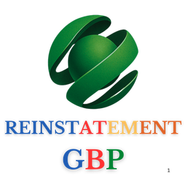 Green globe with swirling ribbon design above multicolored text: REINSTATEMENT GBP.