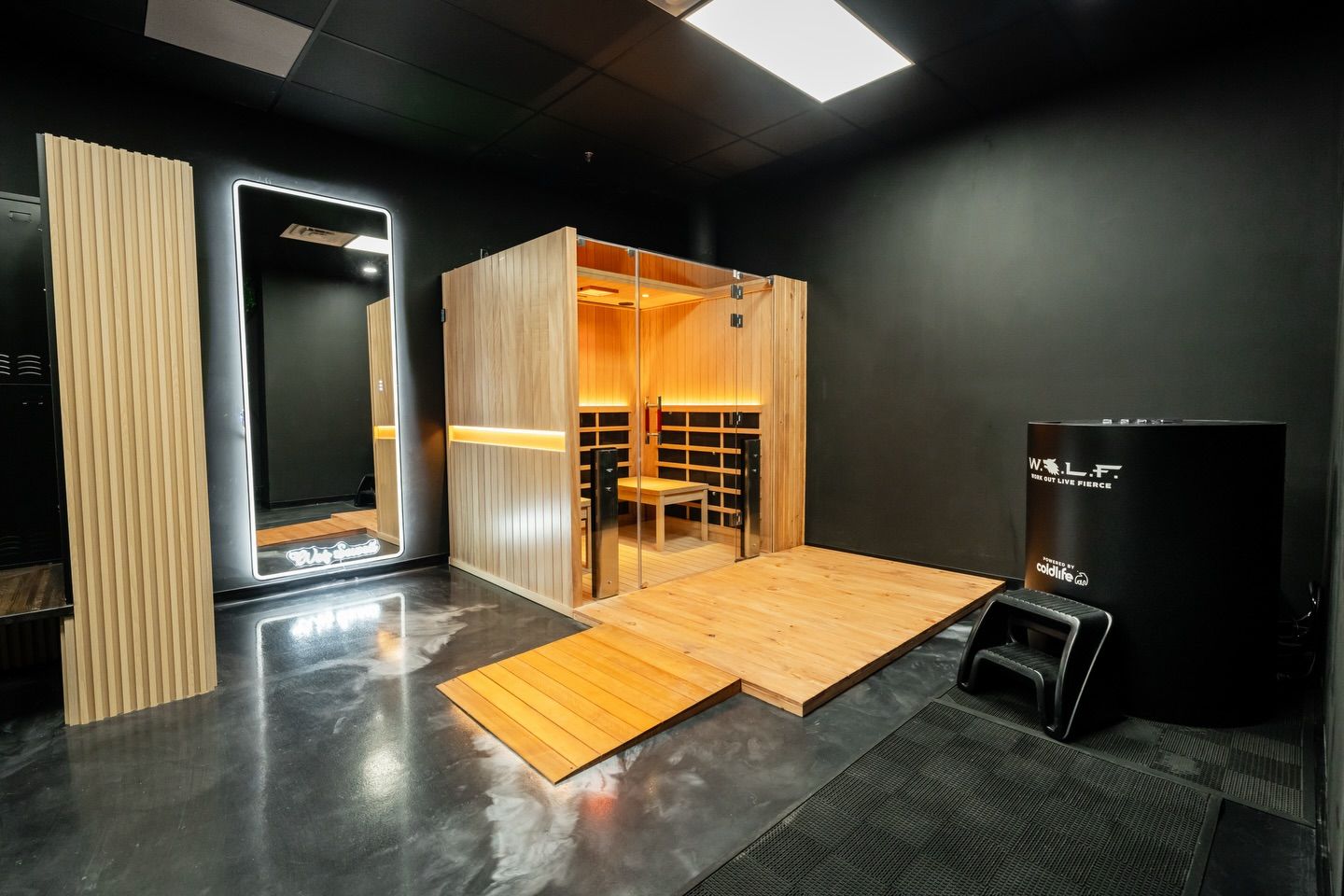 Dark sauna room with wooden benches, a glass door, and a ramped entrance on a black floor