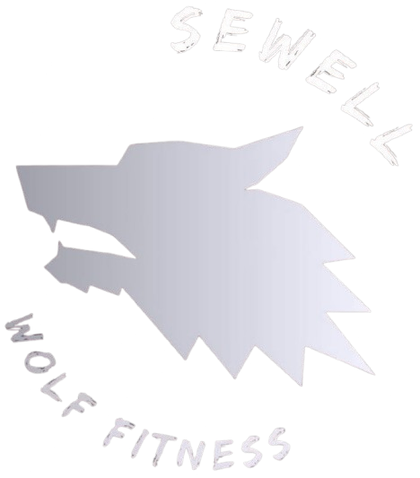 Gray wolf head logo with curved text reading “SEWELL WOLF FITNESS” on white background