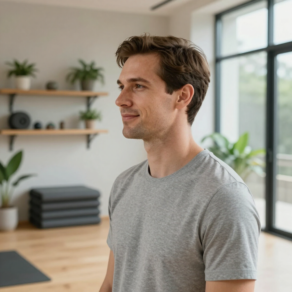 A person in a gray t-shirt stands in a bright room with house plants and shelving in the background.