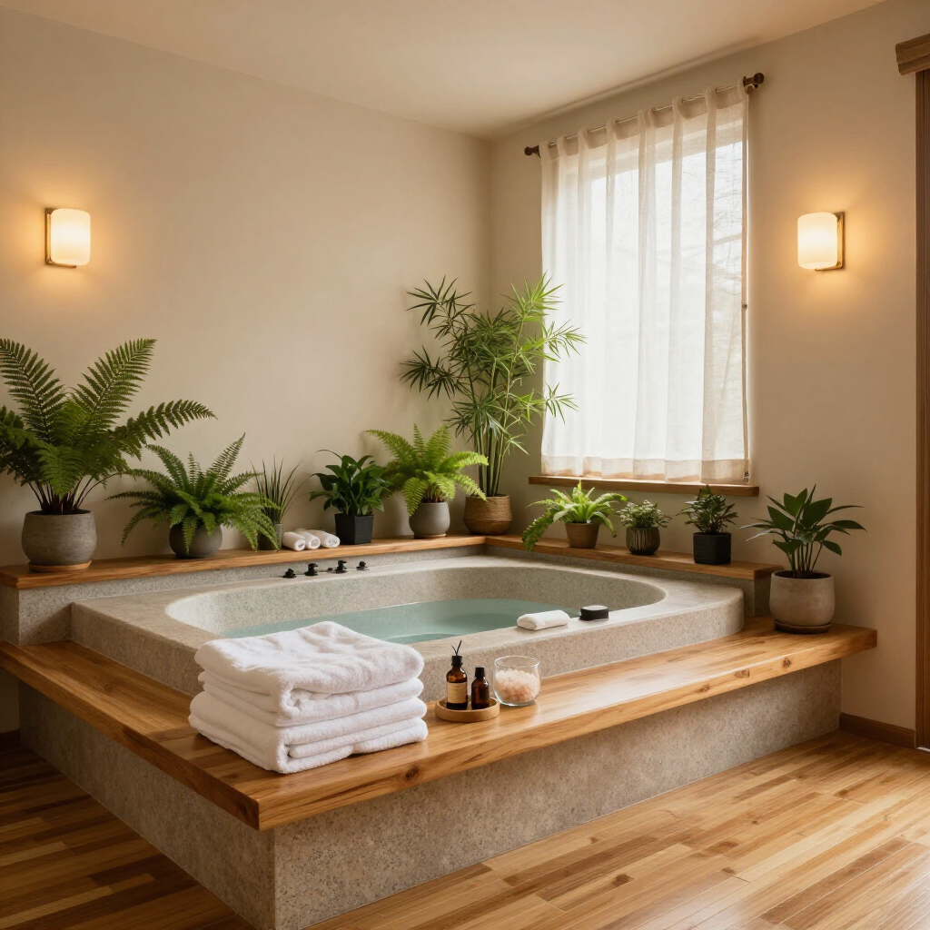 A sunken bathtub filled with water, surrounded by wooden ledges, potted plants, and stacked white towels in a bright room.