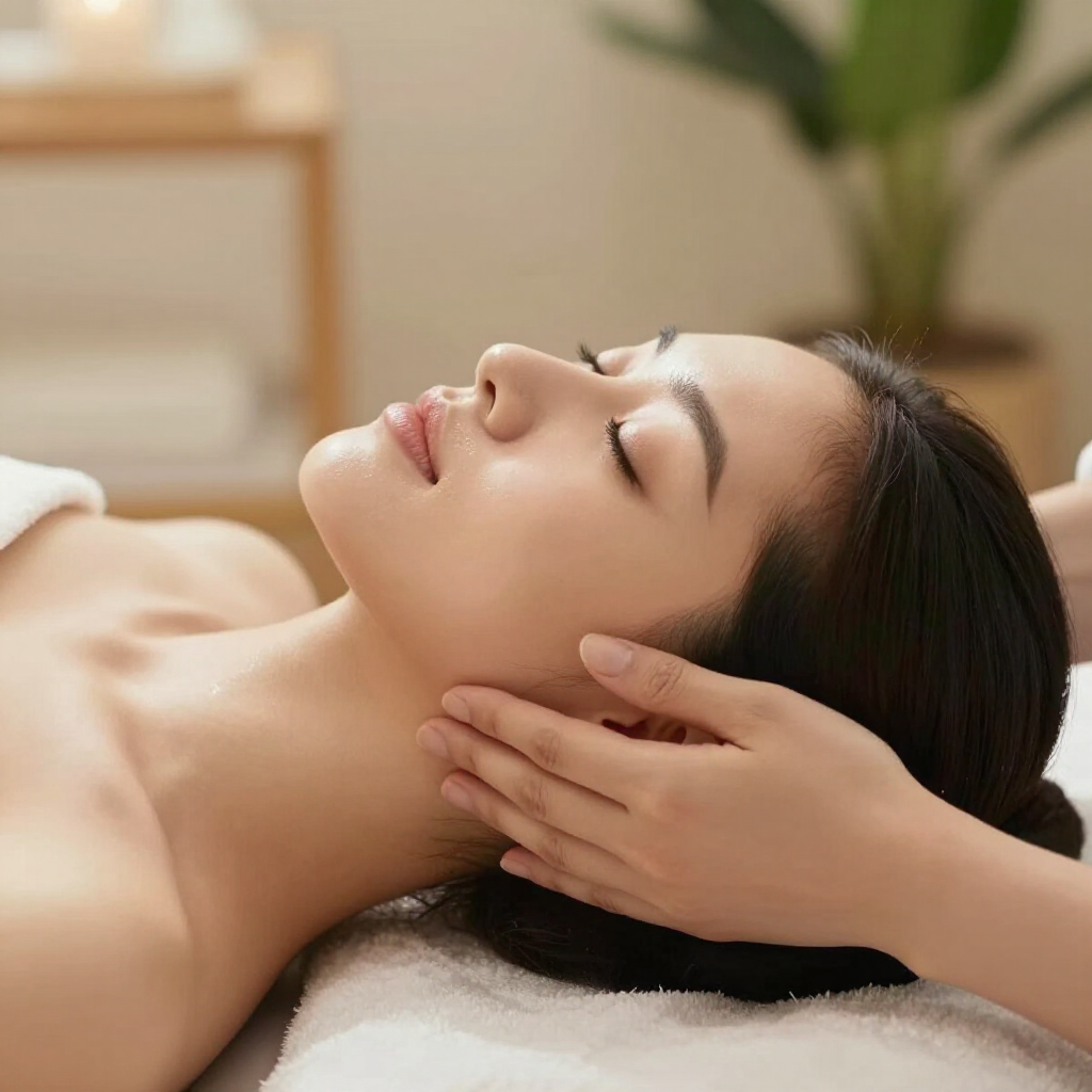 A person receives a gentle facial massage while lying down in a serene, softly lit spa setting.
