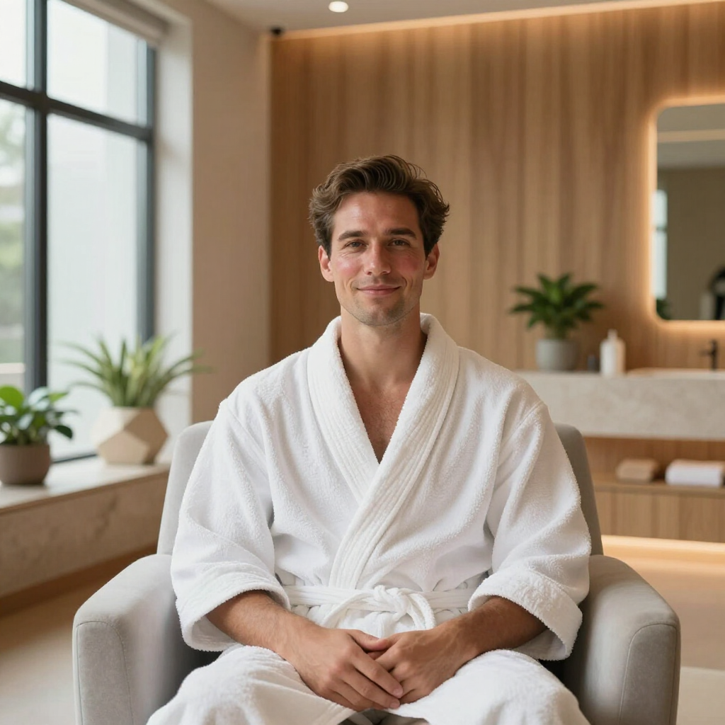A person in a white bathrobe sits in a chair in a modern, neutral-toned spa or relaxation room with plants and a mirror.