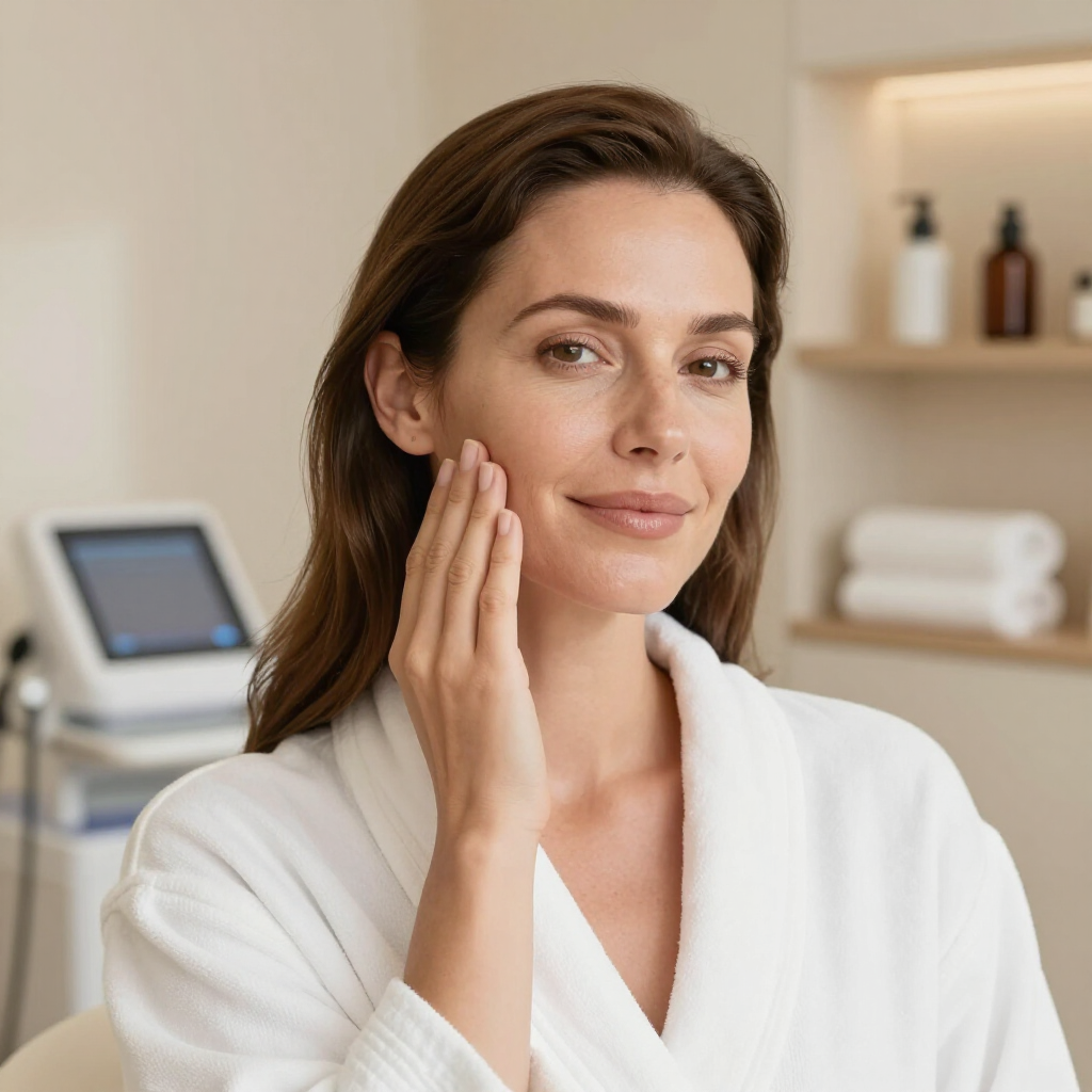 A person in a white robe gently touching their cheek in a spa or clinic setting with equipment and shelves in the back.