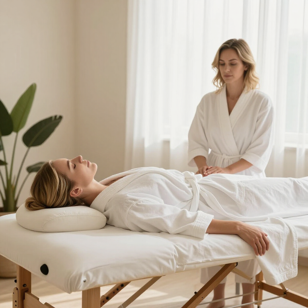A practitioner in a white robe performs reiki or energy therapy on a person lying on a massage table in a bright room.