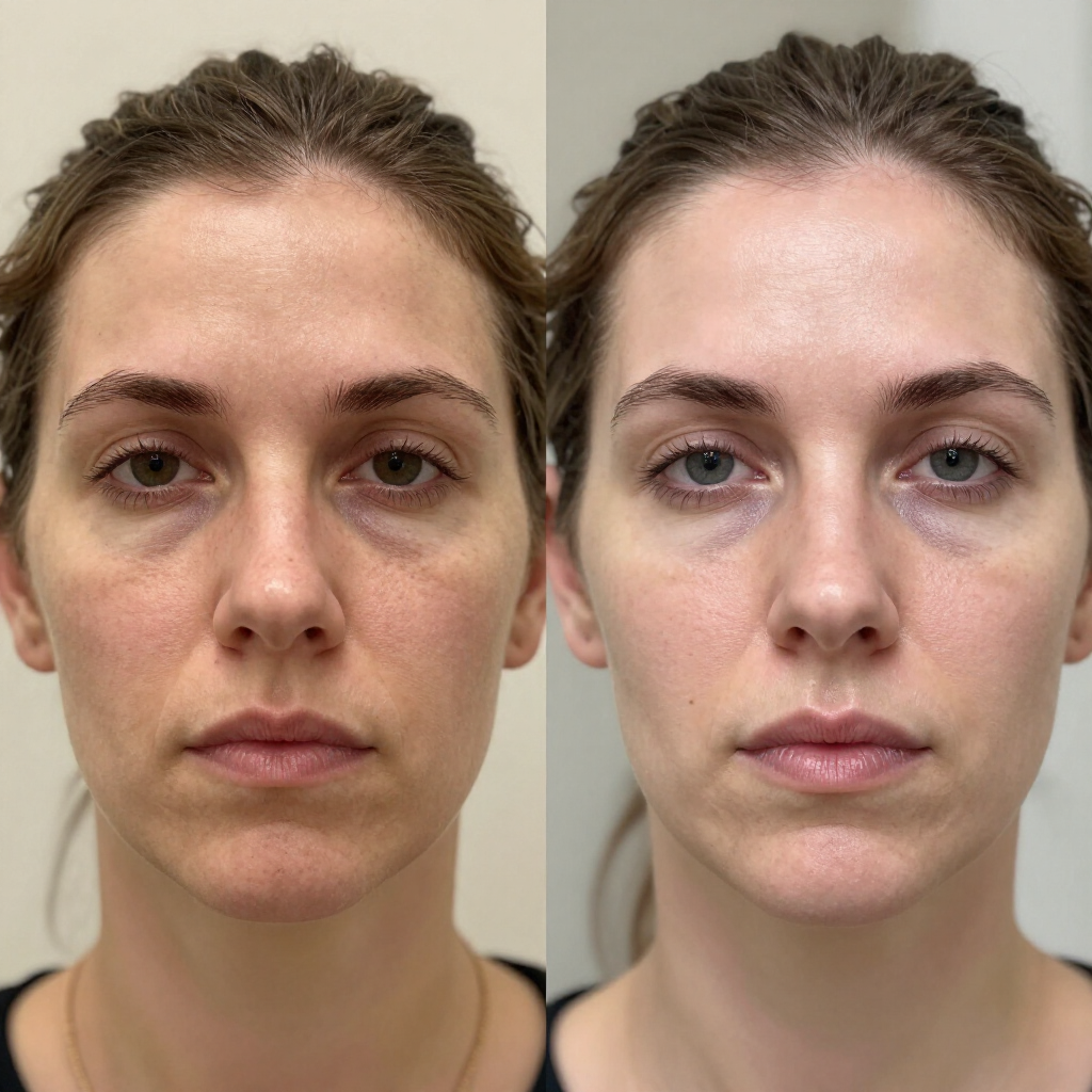 A before-and-after comparison showing a reduction in under-eye hollows and shadows on a person's face.