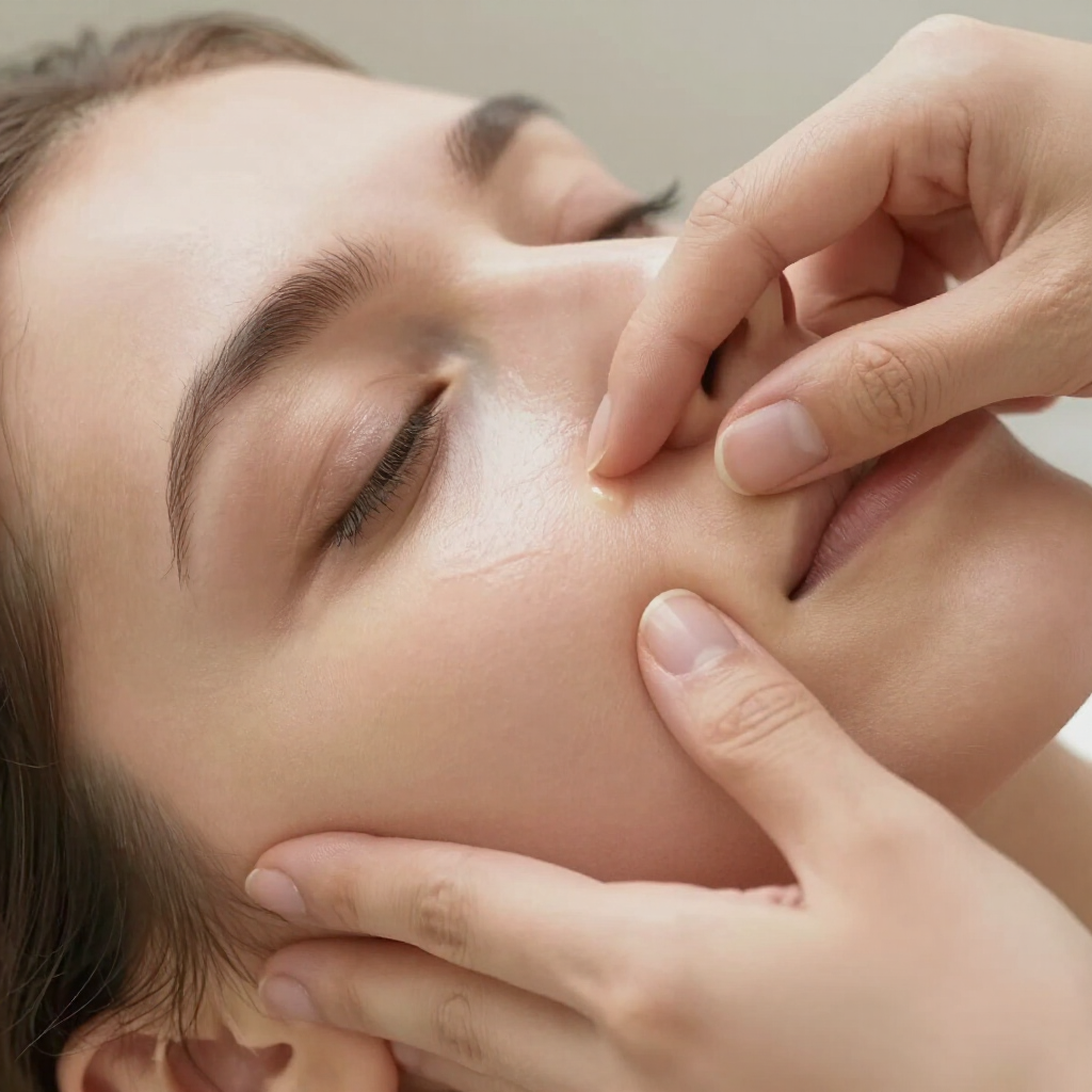 A person’s hands gently apply a clear skincare product to a person’s cheek.