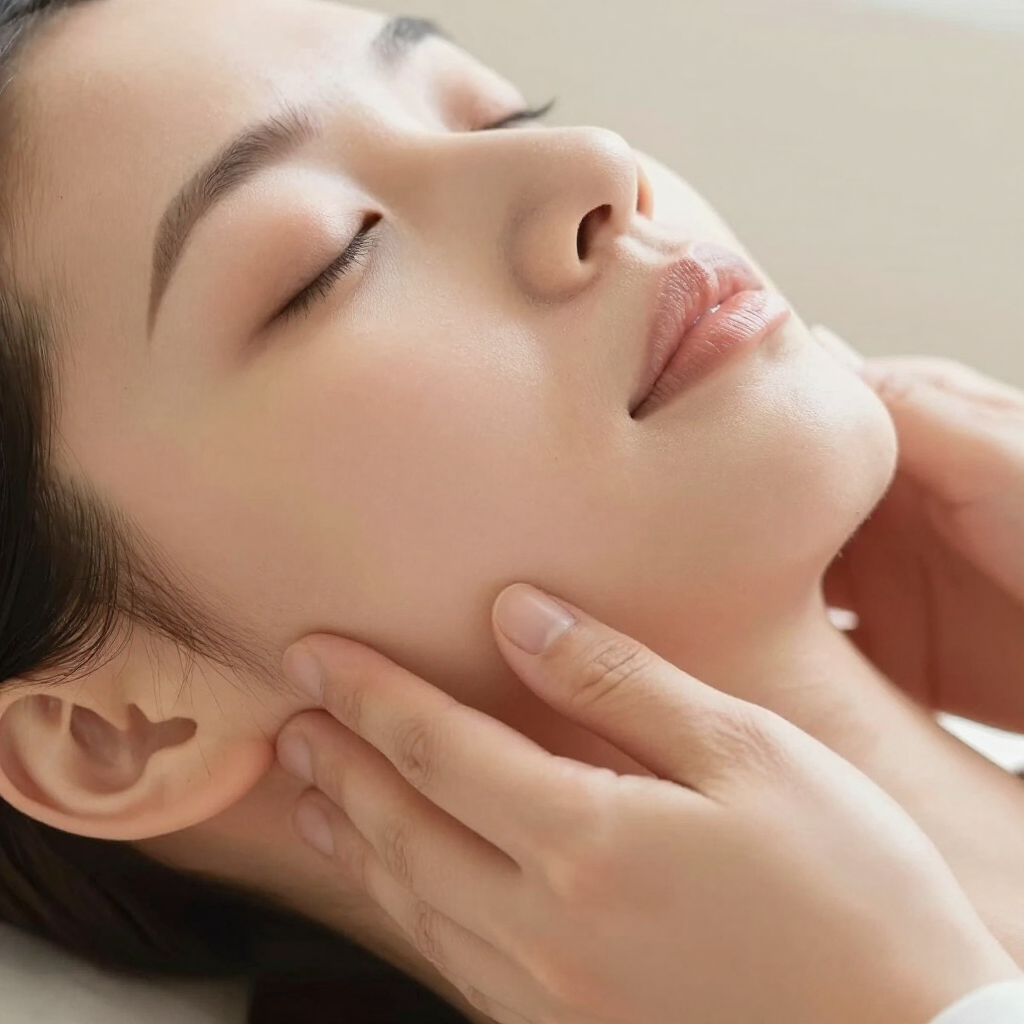 Hands gently massage the jawline of a person with their eyes closed, suggesting a facial treatment or massage.
