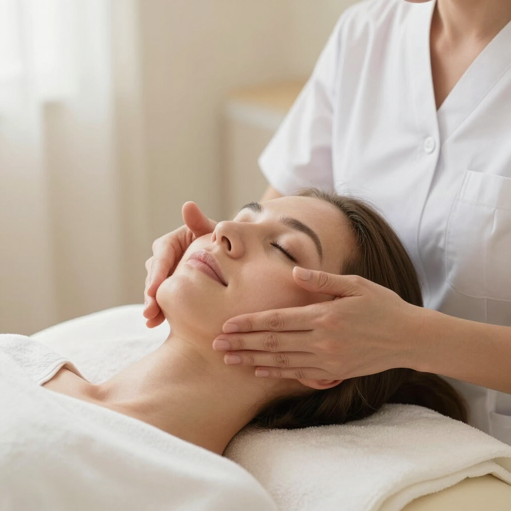 A spa professional performs a facial massage on a person resting with their eyes closed on a white treatment bed.