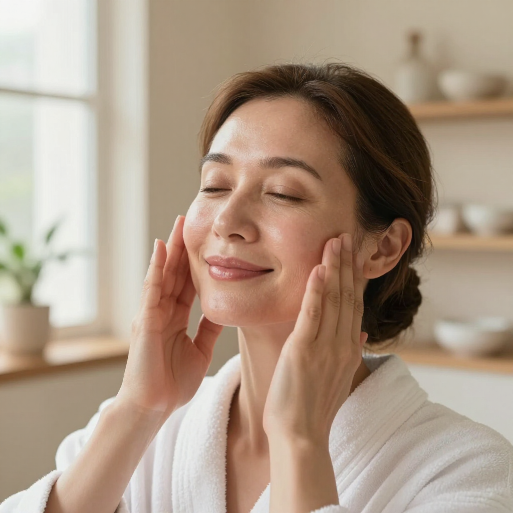 A person in a white robe gently touching their cheeks with both hands, eyes closed, in a serene, bright home setting.