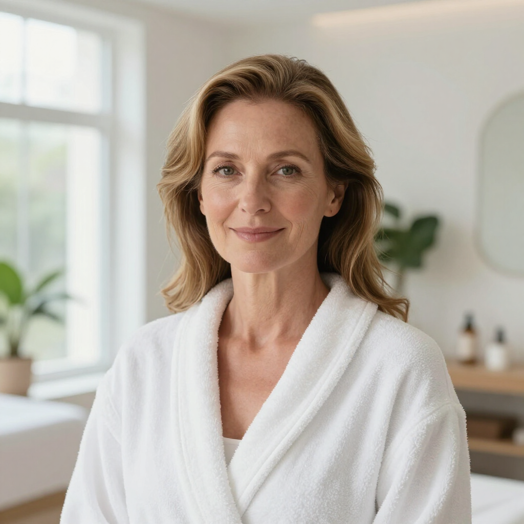 A person with wavy hair wearing a white robe, smiling softly in a bright, minimalist room with plants and a mirror.