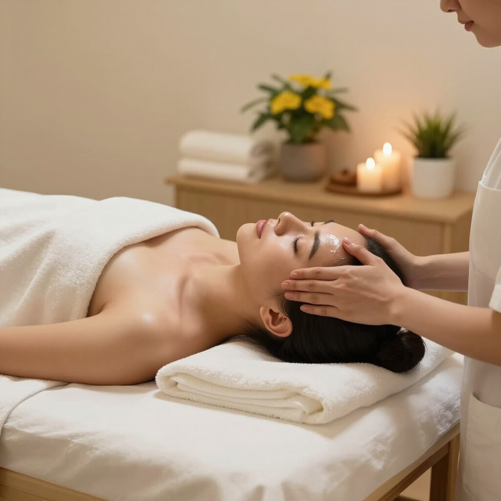 A person receiving a relaxing facial massage in a serene spa setting with towels, candles, and plants in the background.