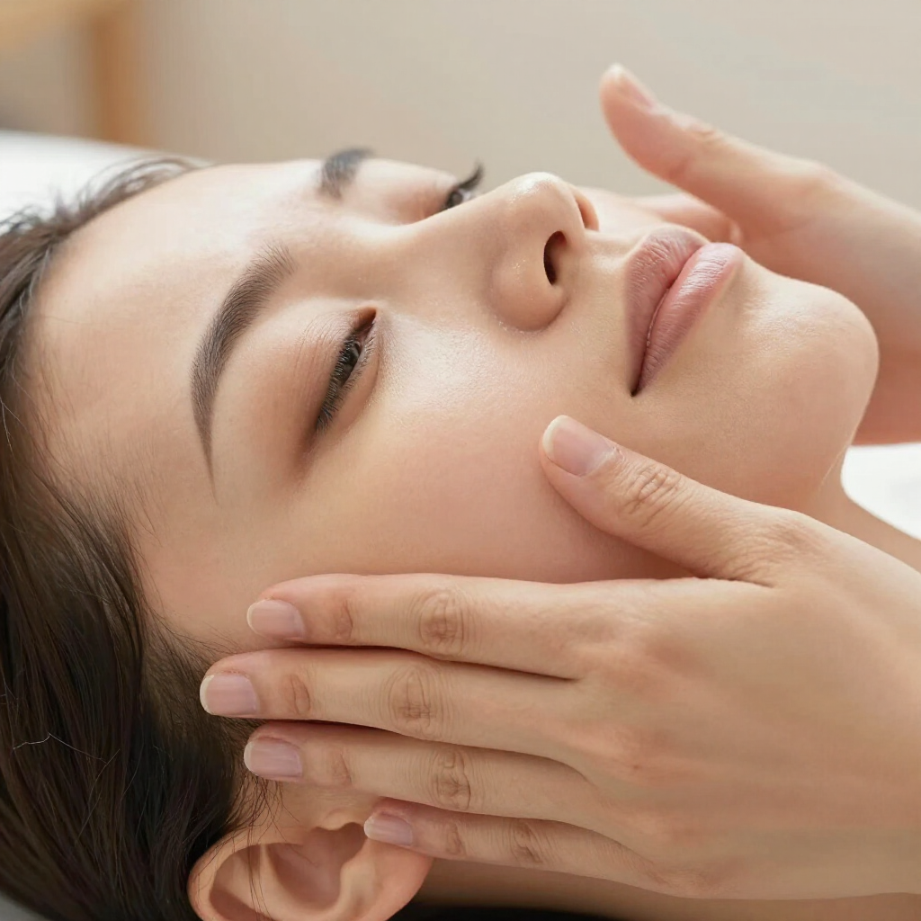 Hands gently massaging the cheeks of a person lying down during a spa facial treatment.
