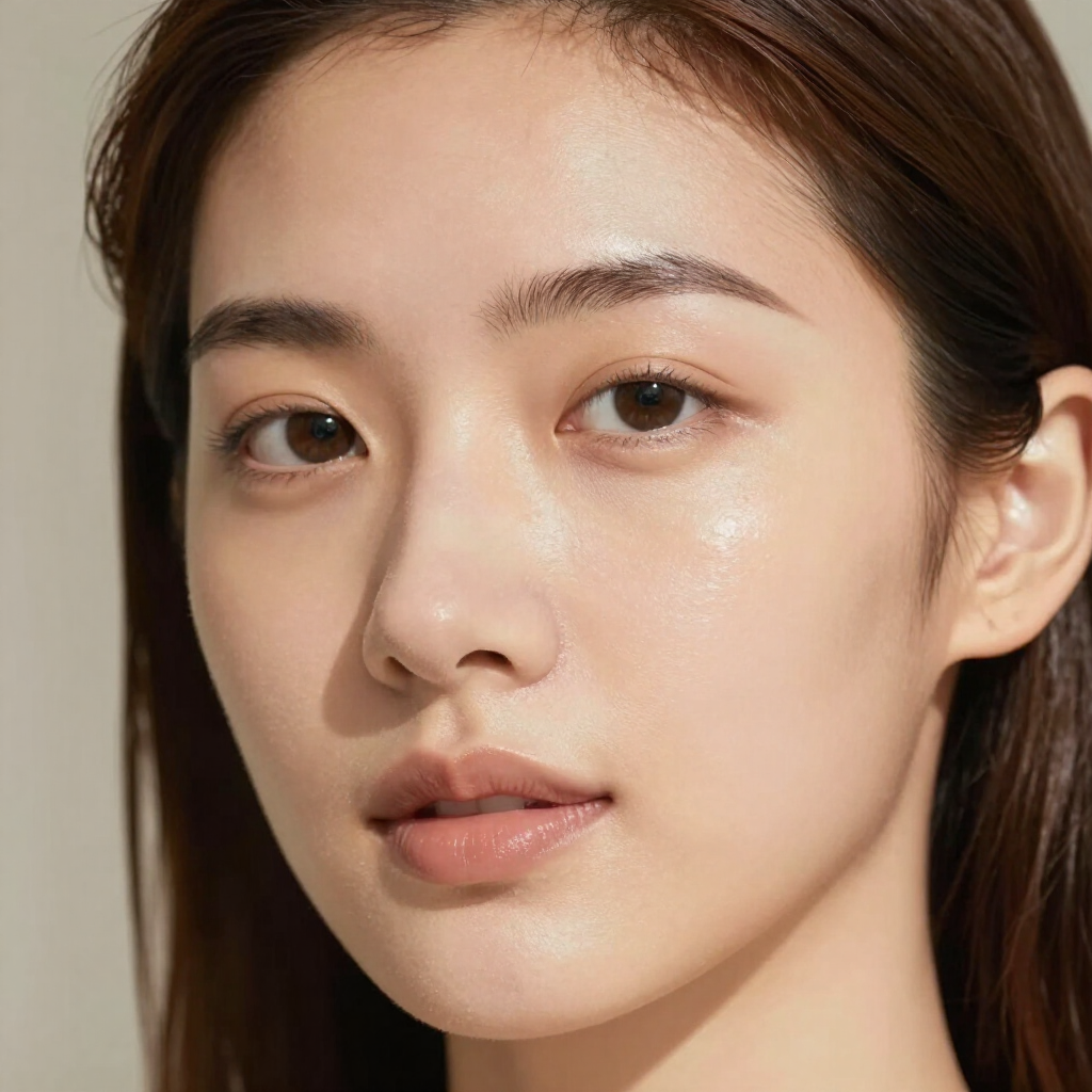 A close-up portrait of a person with natural, dewy skin and neutral-toned makeup against a plain, light background.