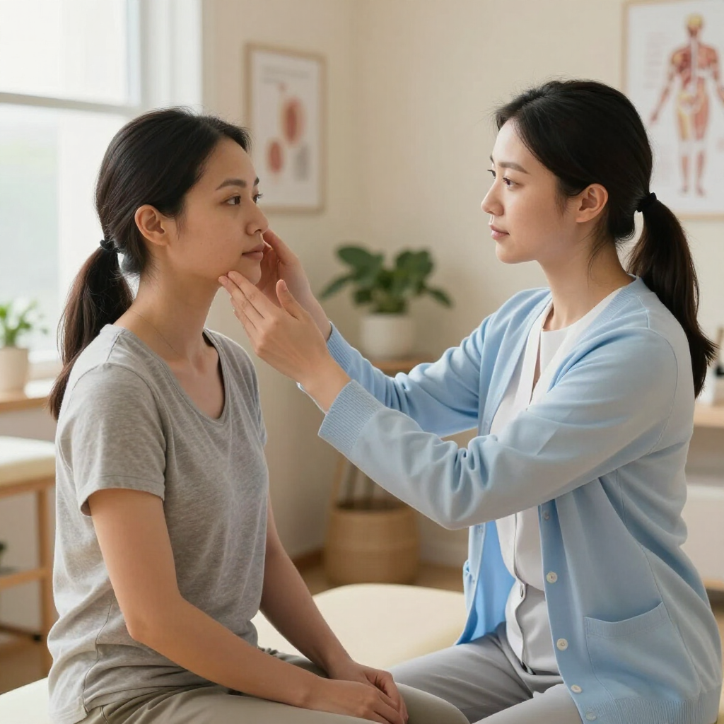 A person in a light blue cardigan gently examines the face of a patient in a medical office setting.