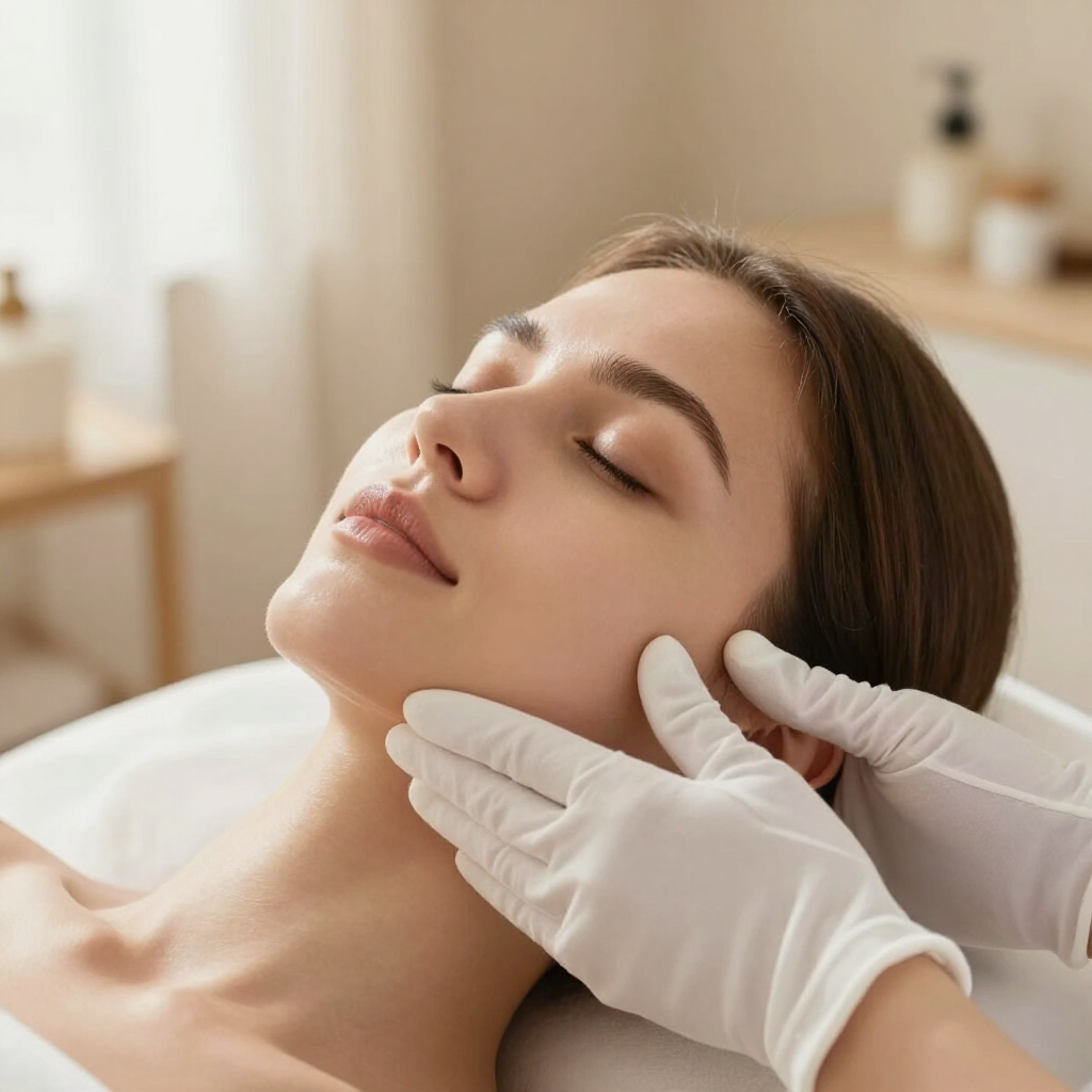 A person receiving a facial massage from an individual wearing white medical gloves in a clinic setting.