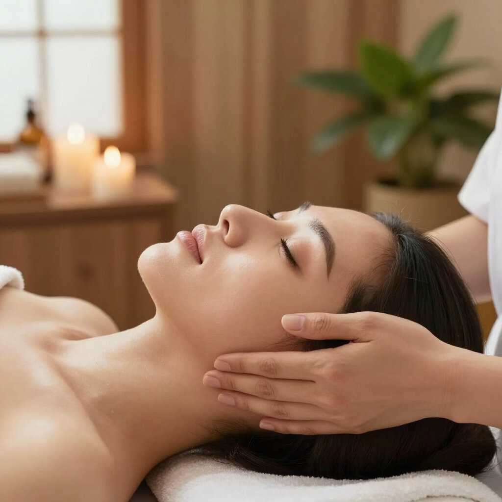 A person receiving a relaxing facial massage in a serene spa setting with soft lighting and plants in the background.