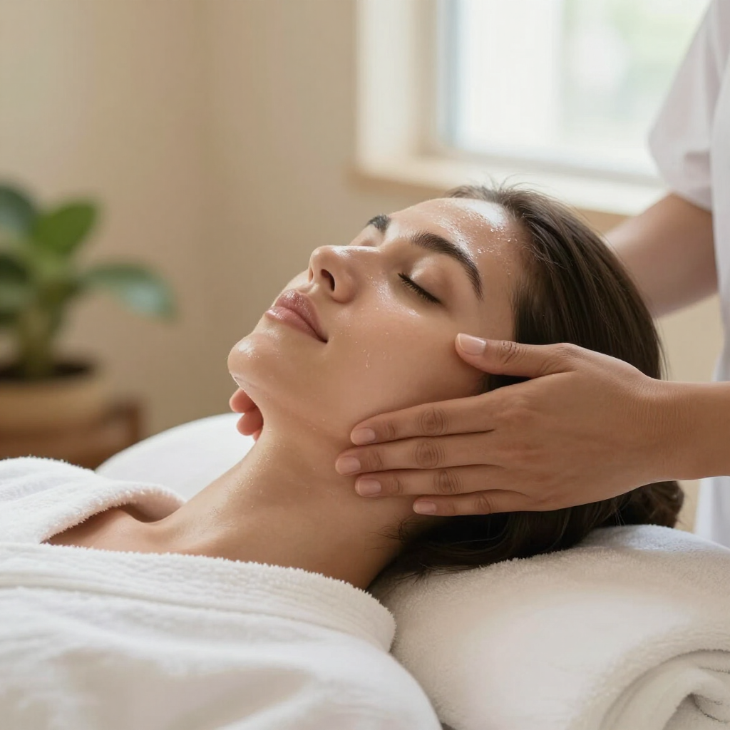 A person with eyes closed receives a gentle facial massage while lying down in a spa setting.