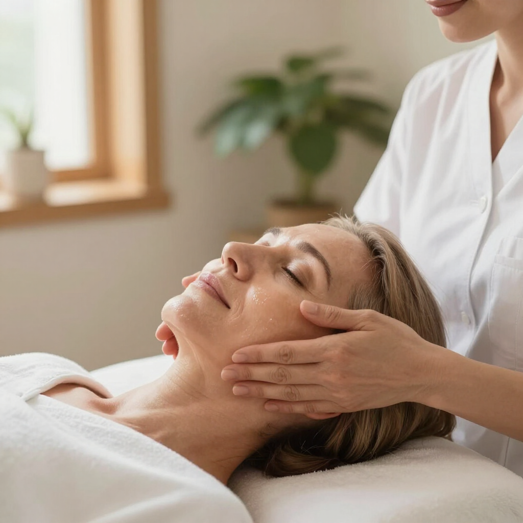 A person receives a relaxing facial massage in a bright, calm spa setting.
