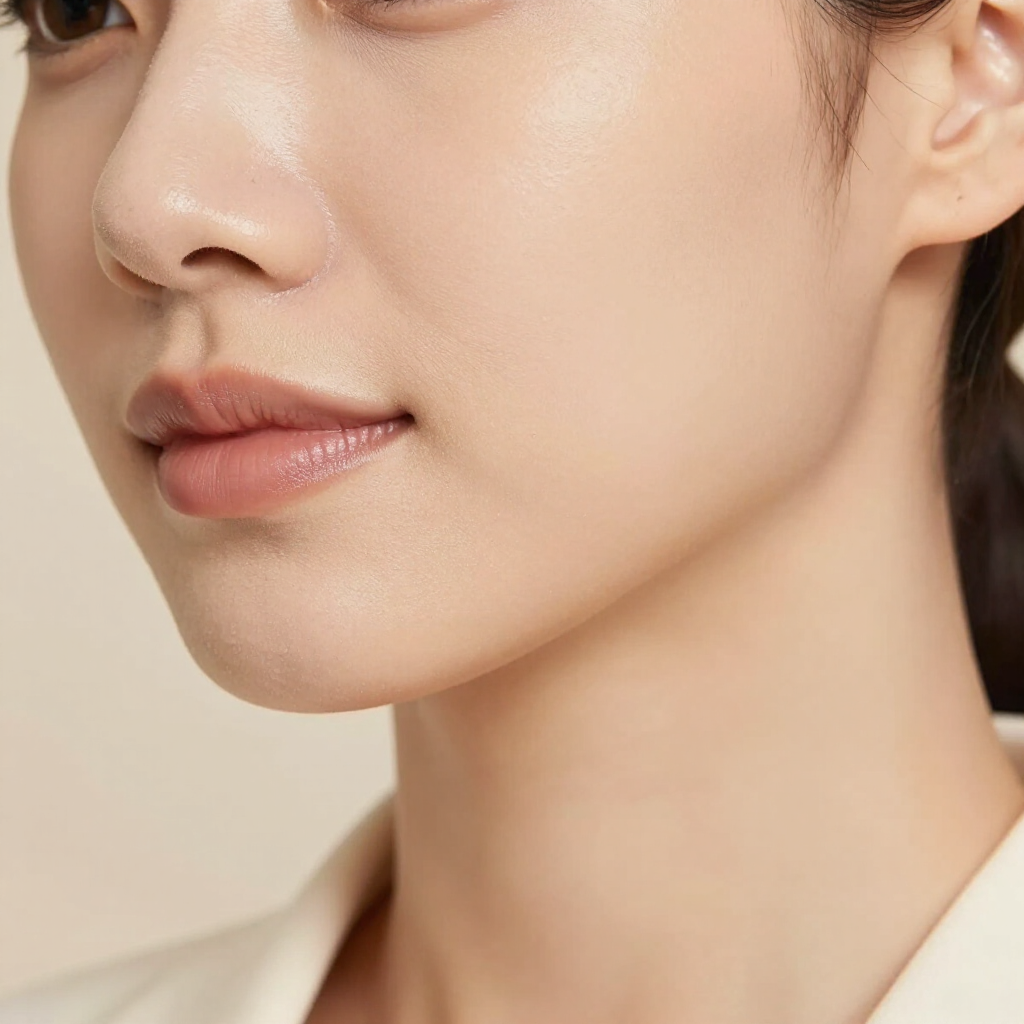Close-up of a person's jawline and lower face with smooth, clear skin, viewed from a side angle.