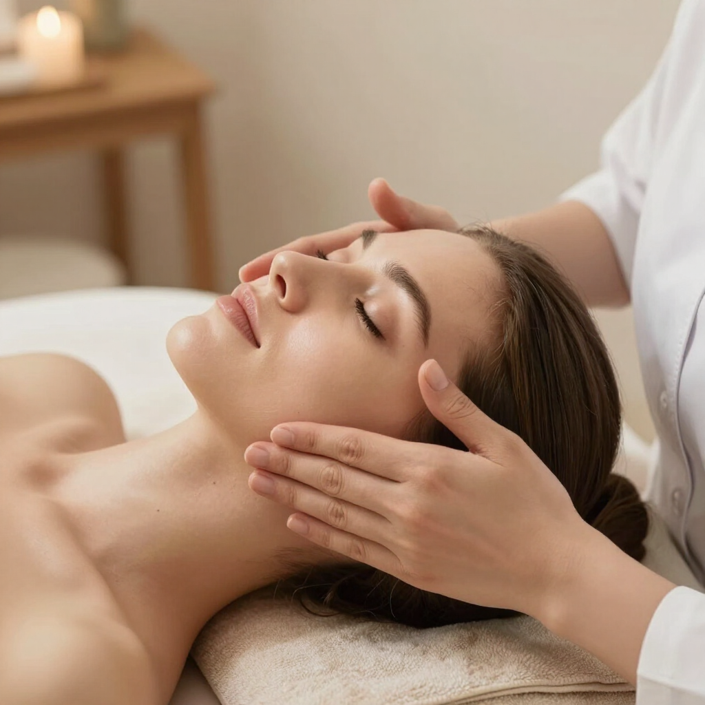 A person receiving a relaxing facial massage in a spa setting with hands gently pressed against their face.