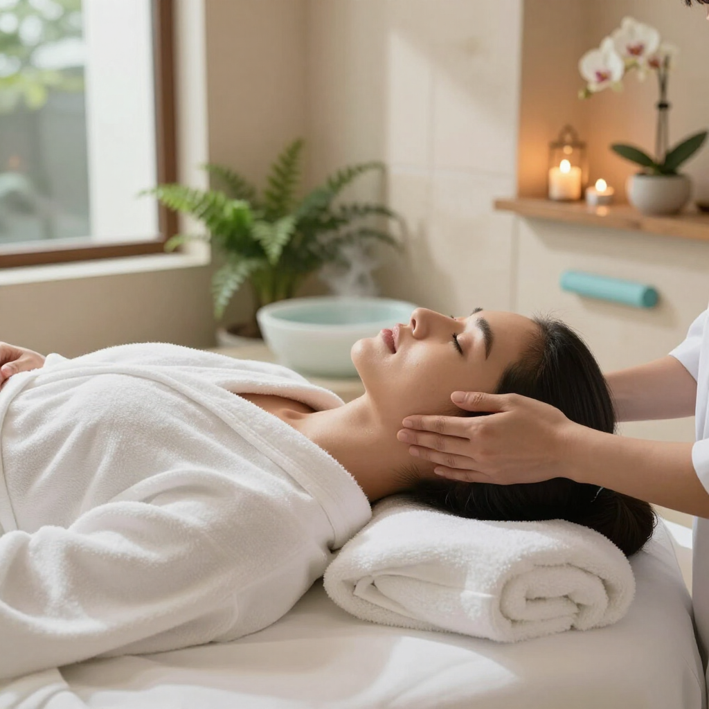 A person in a white bathrobe receives a facial massage in a serene spa setting with a plant and candles in the background.