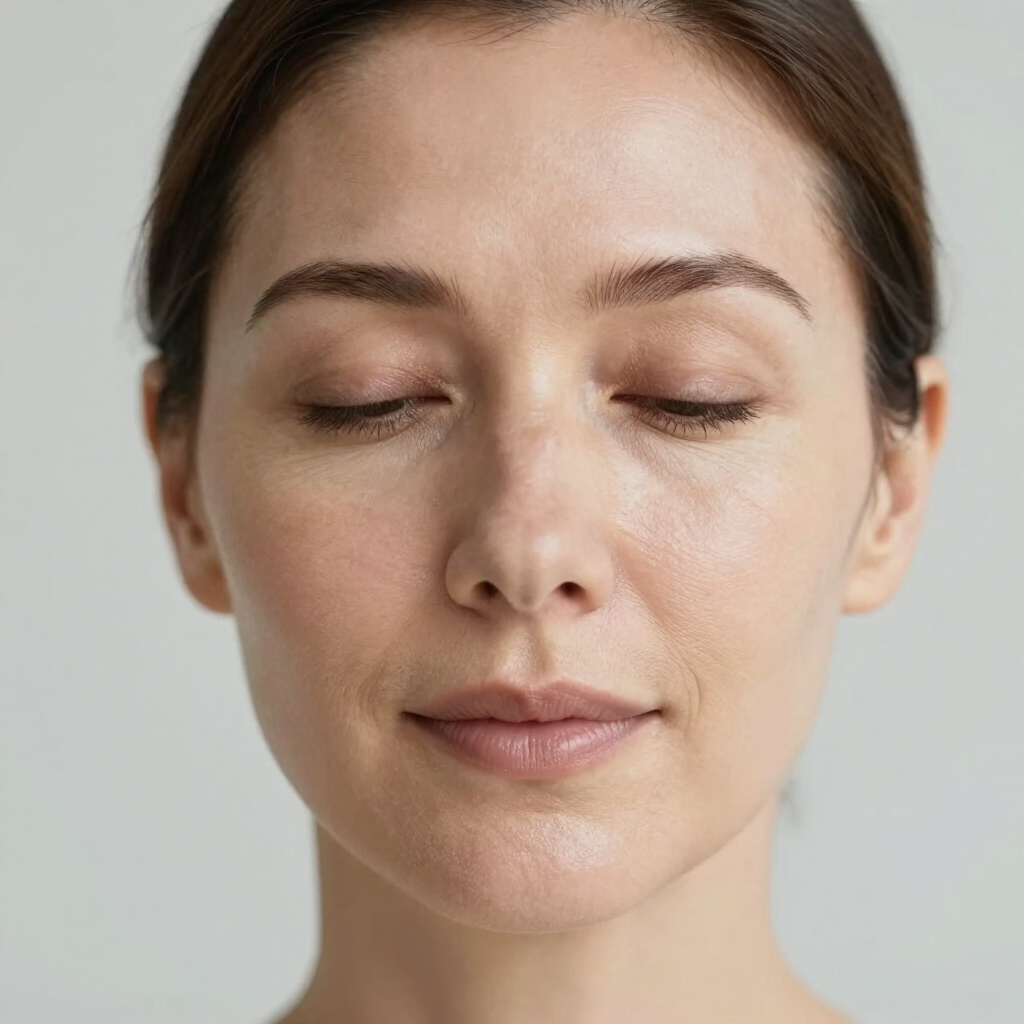 A person with their eyes closed and a calm, neutral expression, centered against a light gray background.