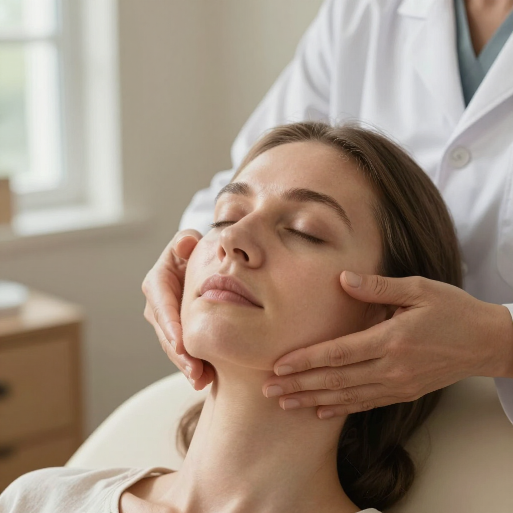 A professional in a white coat performs a gentle facial massage on a client with their eyes closed in a bright clinic.