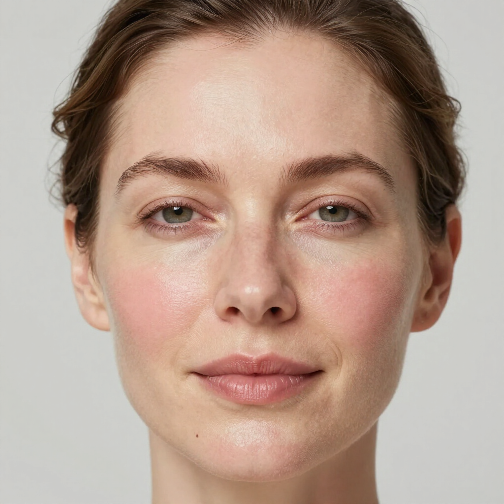 A close-up of a person facing forward with neutral expression, soft pink blush on cheeks, and a plain light gray background.