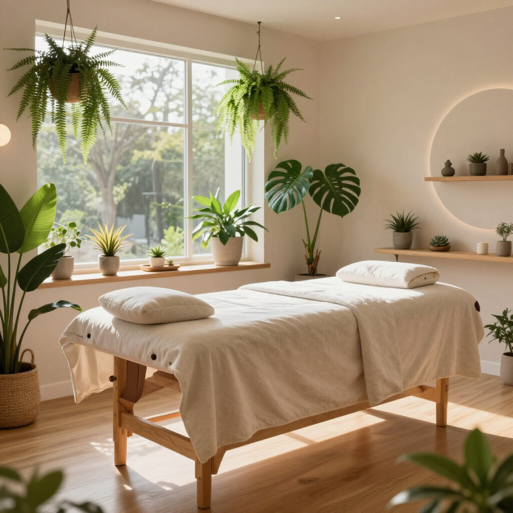 A serene spa treatment room with a massage table, natural light from a window, and many potted plants.