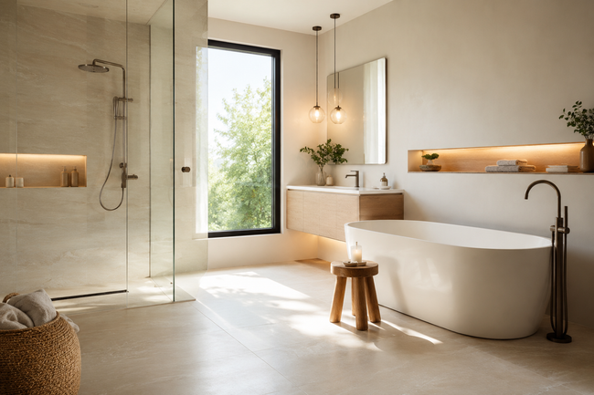 Bright modern bathroom with freestanding tub, walk-in shower, and warm wood accents